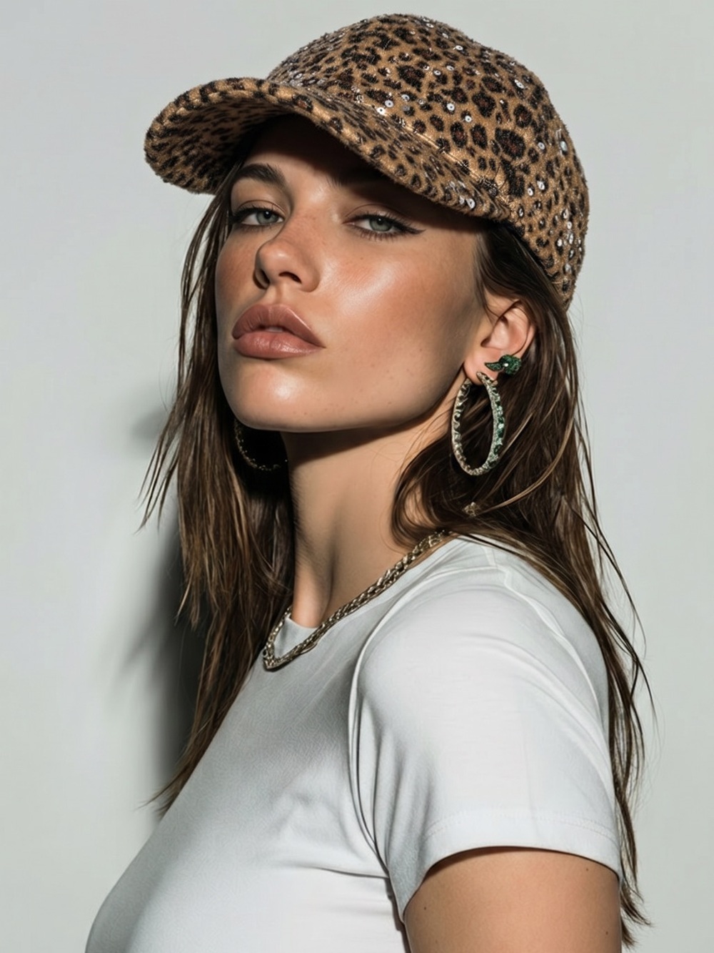 Leopard Print Baseball Cap with Sequin Detail - Brown